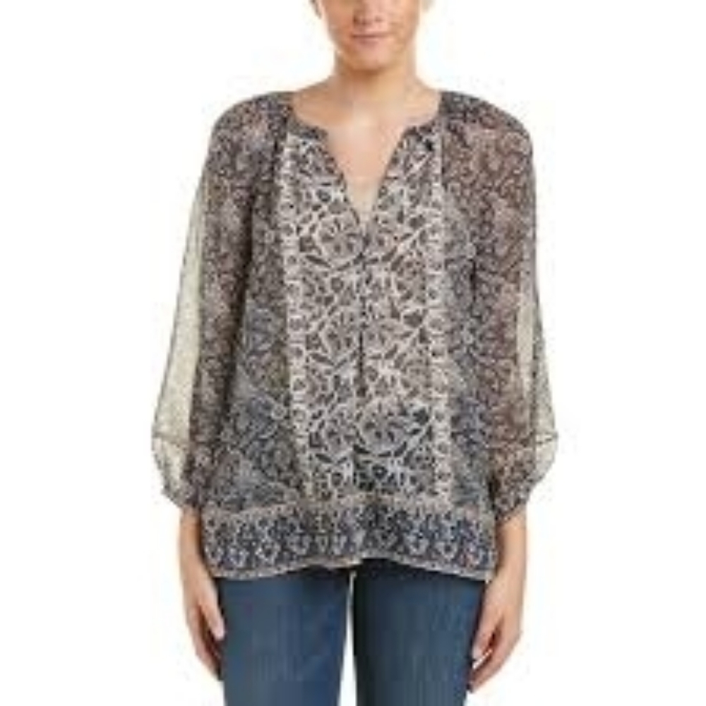 Joie Blouse Silk Floral Gloria G Sheer Boho Mixed Print Flowy Cottagecore Gray